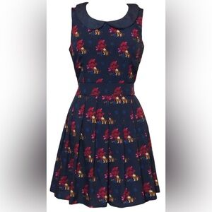 Yumi Anthropologie Lion Pleated Navy Blue Collared Dress size 0/2 XS
